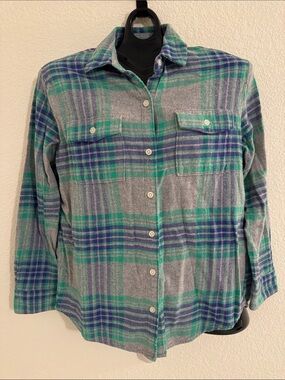 Old Navy Gray Plaid Boyfriend Shirt with Green and Blue Accents